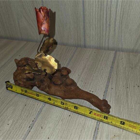 Vtg Copper Rose Bud On Burl Wood Base Sculpture Handmade Brutalist MCM Love - Picture 5 of 7